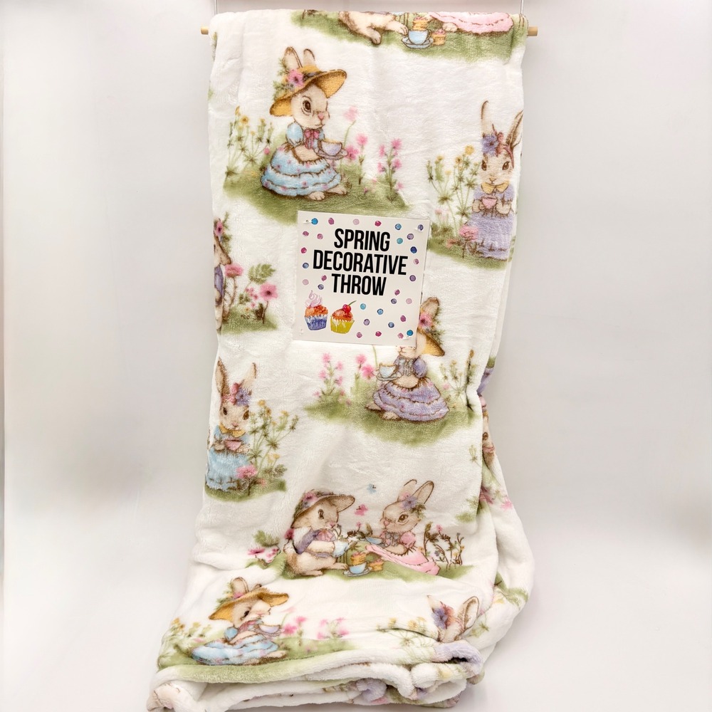 Adirondack Easter Spring Throw Blanket White Bunnies Floral Garden  Tea party